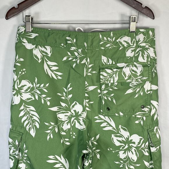 Planks Hawaiian Sz 32 Green Hibiskus Board Shorts Swimsuit Mens Swim Trunk Cargo - Picture 4 of 7